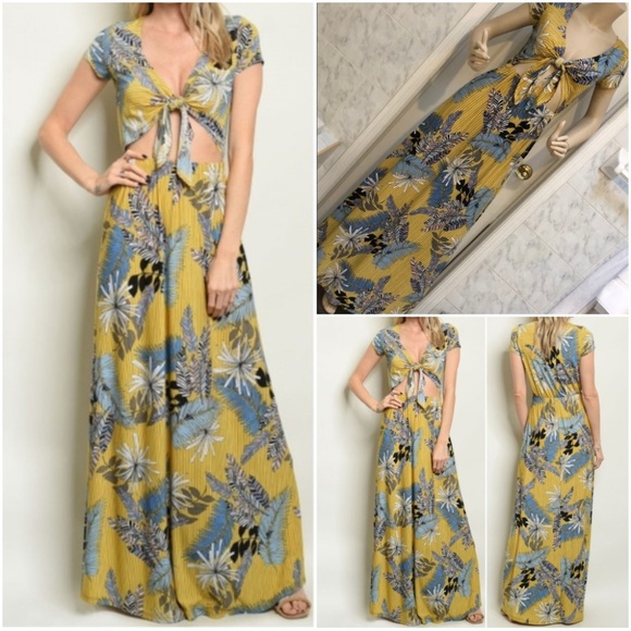 Trend Setter Diva Boutique Dresses & Skirts - MUSTARD WITH LEAVES PRINT DRESS